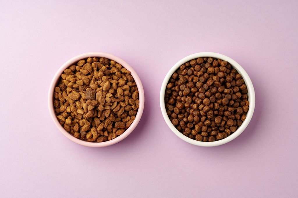 Two bowls of different kibble side by side on a pink background, comparing natural and organic pet food